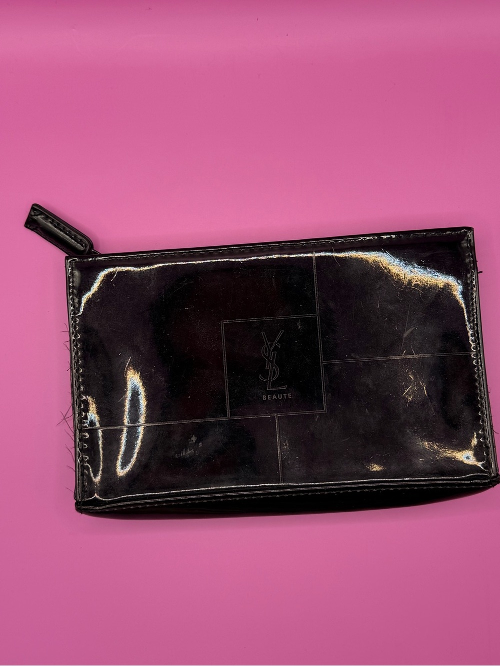 Yves Saint Laurent Black Patent Cosmetic Pouch with Gold Accent